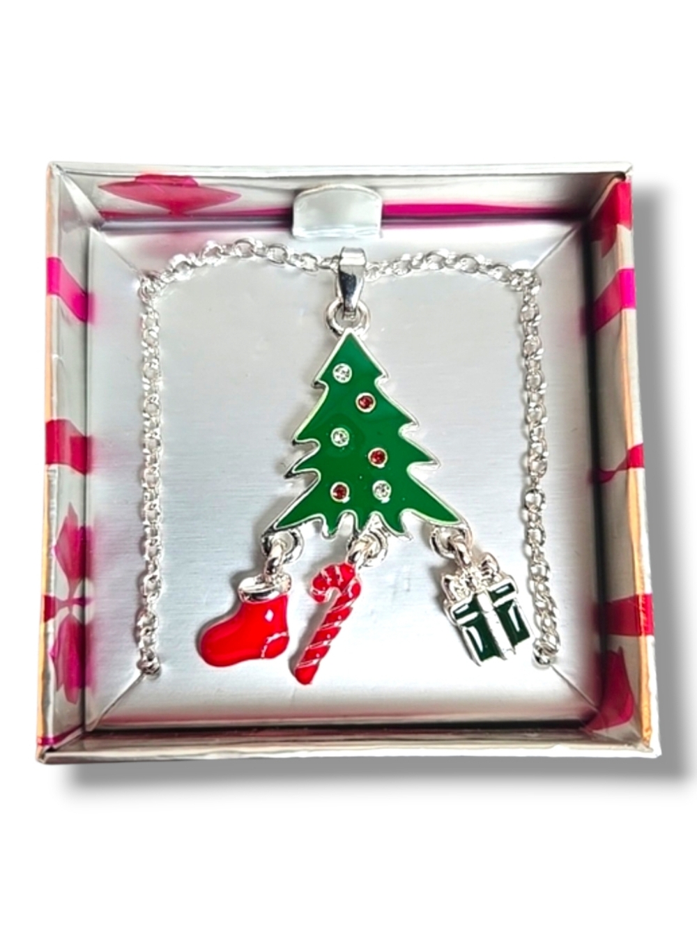 AVON Seasonal Shakey Necklace + Gift Box, Silvertone w/Dangling Charms Xmas Tree